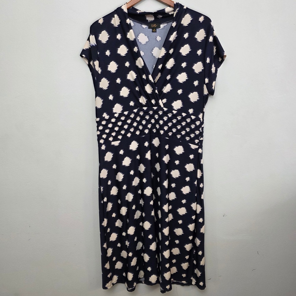 ILE New York Navy Blue Ikat Polka Dot Faux Wrap Empire Waist Dress Size 16